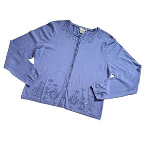 Vintage Beaded Periwinkle Blue Cardigan Sweater with Rhinestone Buttons Silk